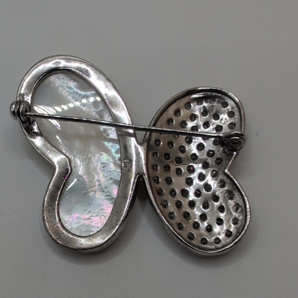 Sparkling Pave & Mother of Pearl Butterfly Brooch MOP Elegant 925 Statement Pin - Picture 2 of 4
